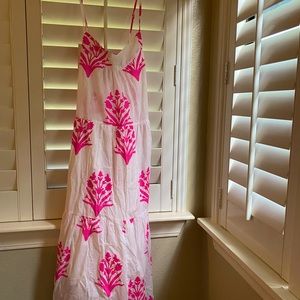 SZ Blockprints Tier Dress Palladio Stamp Hot Pink